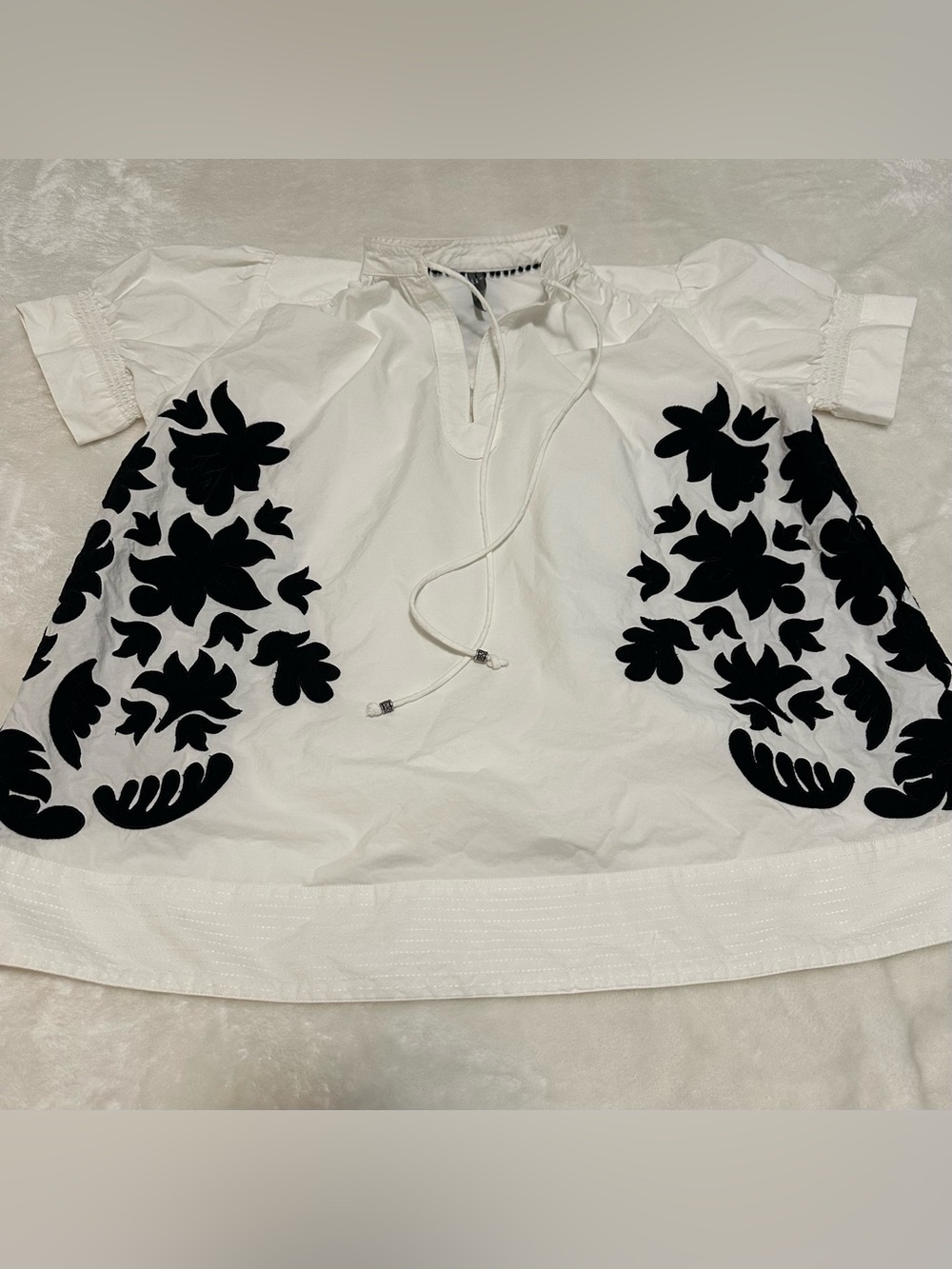 Anthropologie White Peasant Top with Black Floral Appliqué